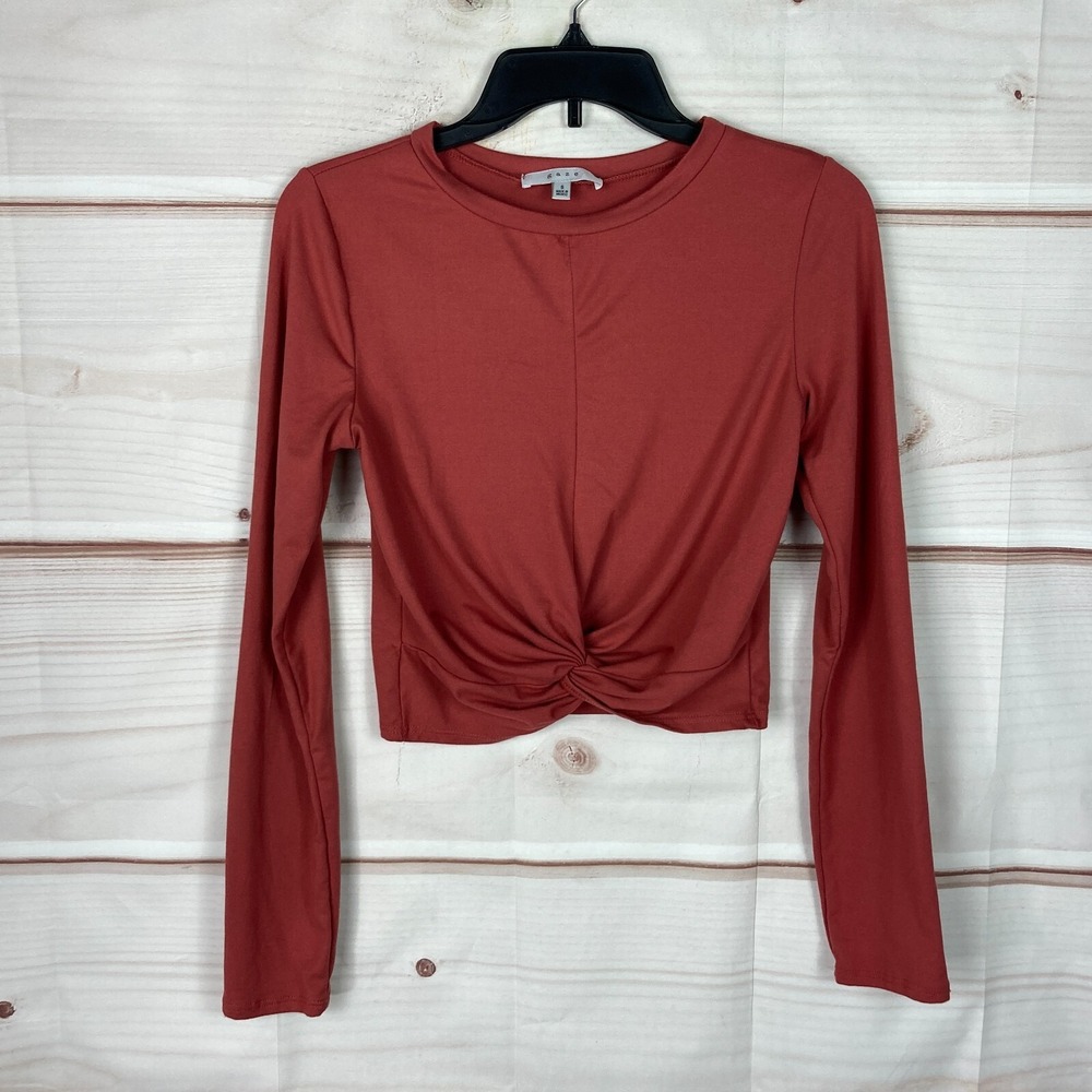 Gaze Top Women Small Orange Crop T-Shirt Long Sleeve Twist Waist Soft Knit Solid